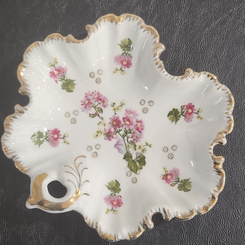 1950s Marco Porcelain Candy/Nut Dish With Scallop Gold Gilt Trim and Pink Flower